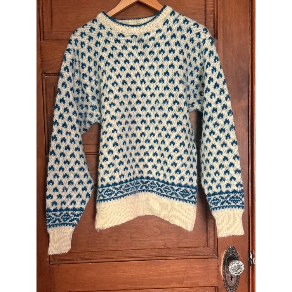 Vintage Great Plains Clothing Co Wool Sweater Large Blue White Birds Eye Knit